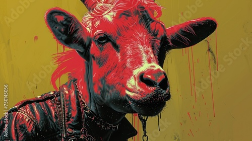 a painting of a cow wearing a leather jacket with red paint splatters all over it's face. photo