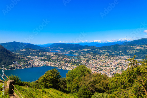 Scenic view of lake Lugano from Monte Bre mountain in Ticino canton, Switzerland