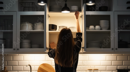 A woman reaches for an item from the top shelf of a kitchen cabinet in her home. Engaged in cooking and domestic chores during her maternity leave, she opens the cabinet doors to access ingredients