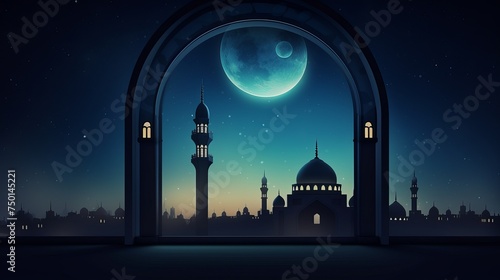 A Ramadan Kareem backdrop features a mosque window adorned with a shining crescent moon.