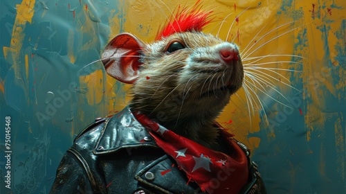 a rat in a leather jacket with a bandanna around it's neck and a red mohawk on it's head. photo