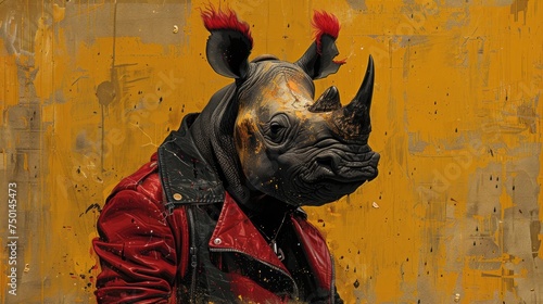 a painting of a rhinoceros wearing a red leather jacket and a black leather jacket with red mohawks. photo