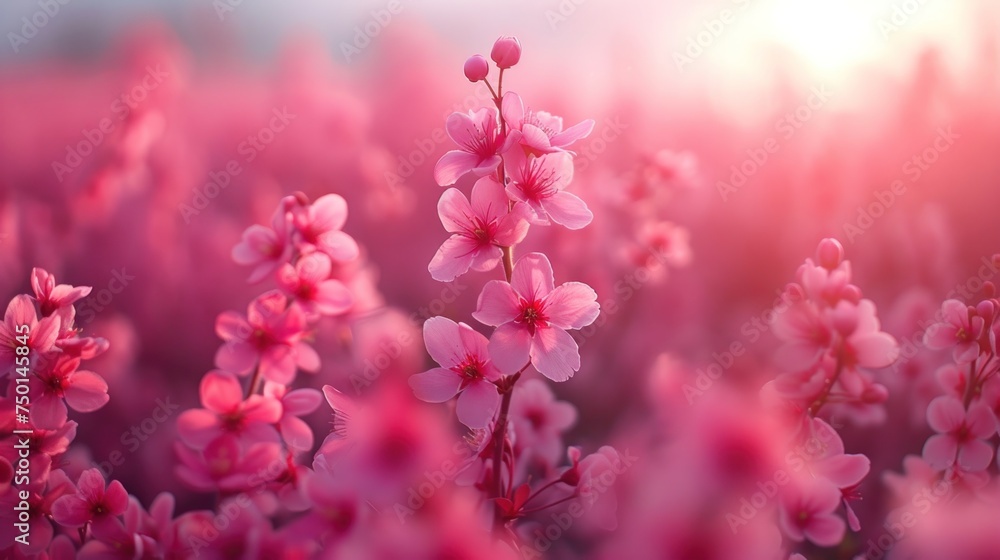 a field full of pink flowers with the sun shining through the clouds in the backgrounnd of the flowers. a field full of pink flowers with the sun shining through the clouds in the backgrounnd of the flowers.