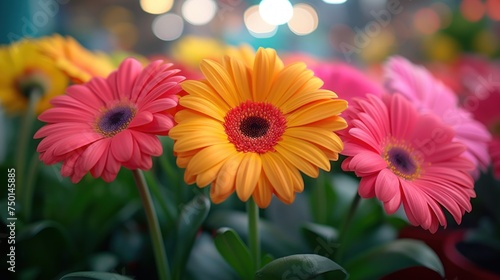 a close up of a bunch of flowers with blurry lights in the backgrounnd of the background. photo