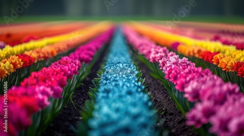 rows of colorful tulips in a field with a green field in the foreground and trees in the background. photo