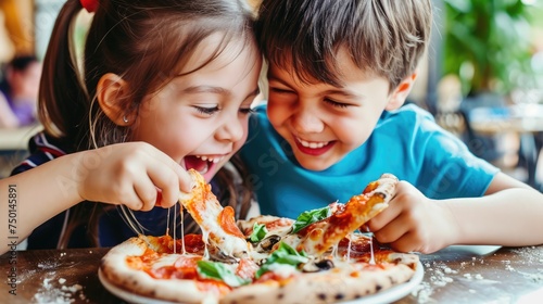 With genuine delight, the kids eagerly savor their pizza, their enthusiasm adding to the lively ambiance of the pizza place.