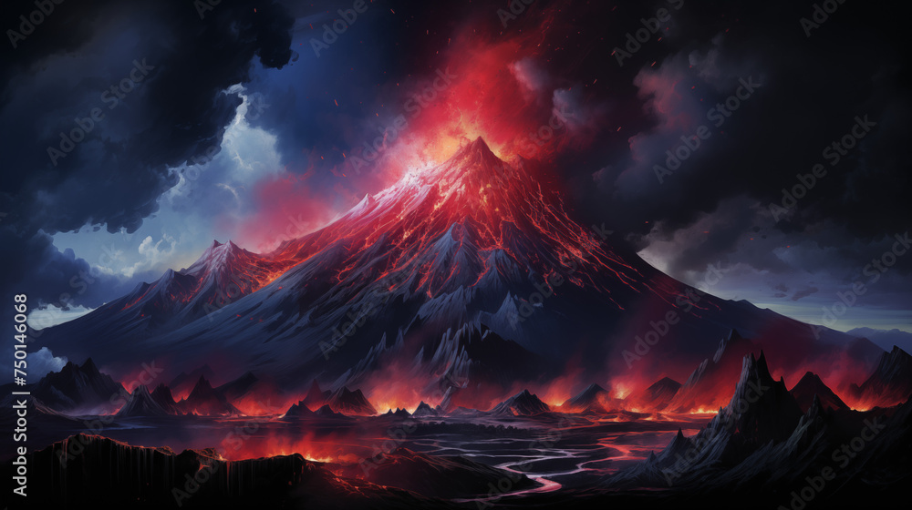 painted historic old exploding vulcano