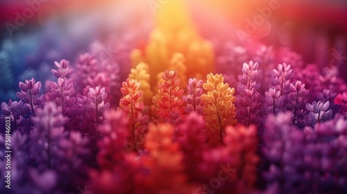 a field of purple and yellow flowers with the sun shining through the clouds in the middle of the picture in the middle of the picture.
