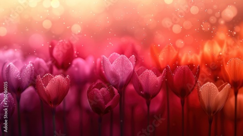a group of pink and red tulips with water droplets on them in front of a blurry background.