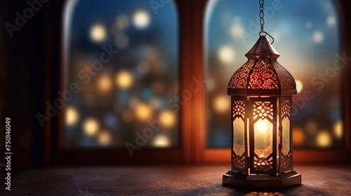 A Ramadan lantern illuminates an open window, offering a beautiful greeting card backdrop for Muslim holidays.