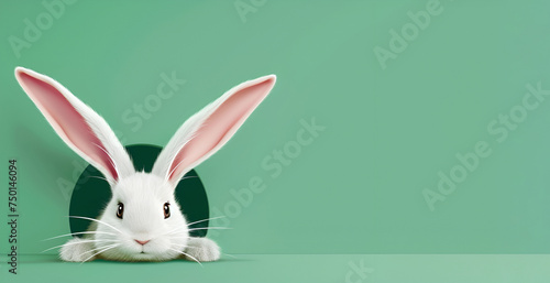 A cute white cartoon Easter bunny peeking out of a hole on a green background photo