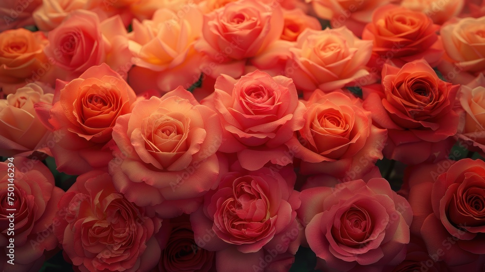 a close up of a bunch of pink and orange roses with a green stem in the middle of the picture. a close up of a bunch of pink and orange roses with a green stem in the middle of the picture.