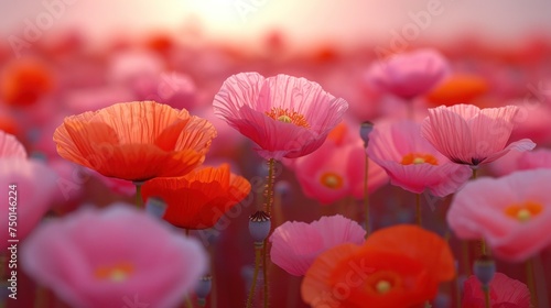 a field of pink and orange flowers with the sun shining through the clouds in the middle of the field in the background.
