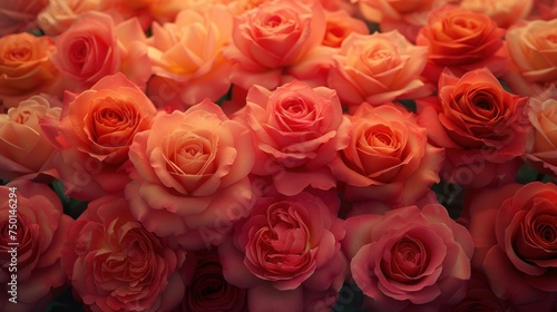 a close up of a bunch of pink and orange roses with a green stem in the middle of the picture.