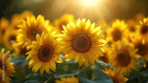 a large field of yellow sunflowers with the sun shining through the center of the sunbursts.