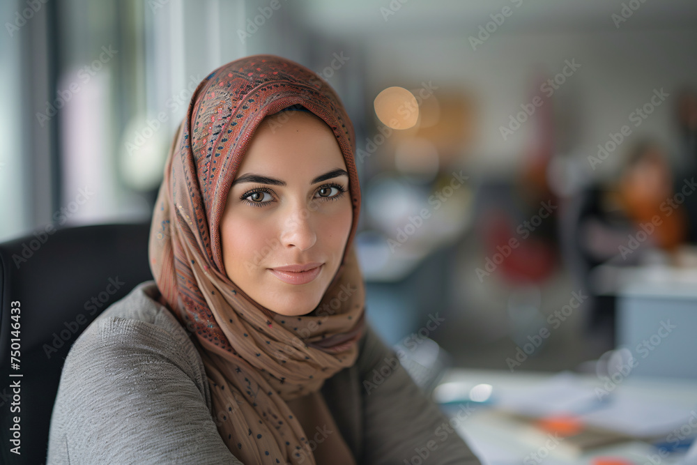 Young Muslim woman wearing a hijab is working on a laptop in the office Young Muslim woman wearing a hijab is working on a laptop in the office