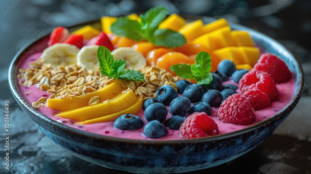 a bowl filled with fruit and granola on top of a marble counter top next to a cup of coffee. a bowl filled with fruit and granola on top of a marble counter top next to a cup of coffee.