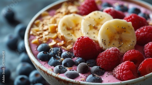 a bowl of berries, bananas, blueberries, and granola is on a table with blueberries and raspberries.