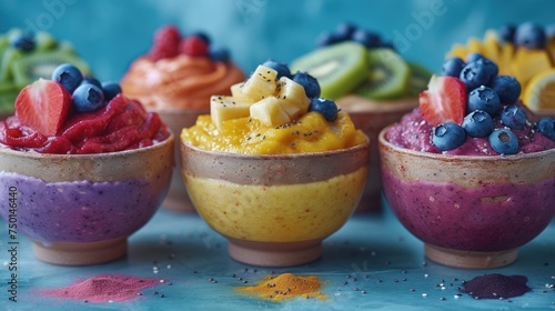 a group of small bowls filled with different types of desserts on top of a blue surface with sprinkles on top of them. photo