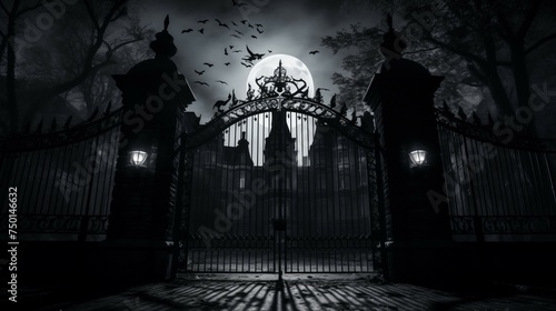 Full moon shines over a creepy haunted house.