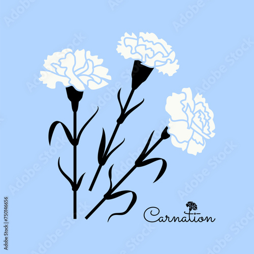 Carnation silhouettes with leaves and stems on light blue background. Flower stencils. Floral decorative elements