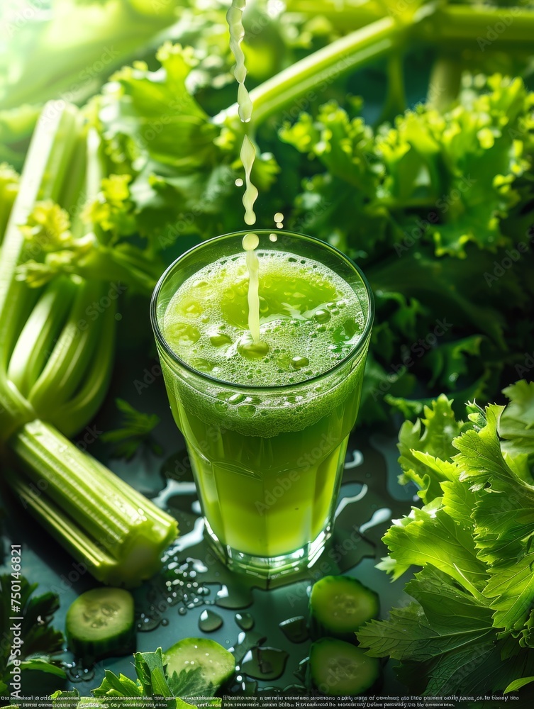 Fresh celery juice in glass and fresh celery on green background Fresh celery juice in glass and fresh celery on green background
