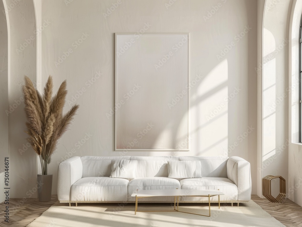 Minimalist living room interior with white sofa and blank poster. 3d render Minimalist living room interior with white sofa and blank poster. 3d render