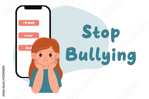Cyberbullying. Stop bullying. Sad girl. Vector illustration