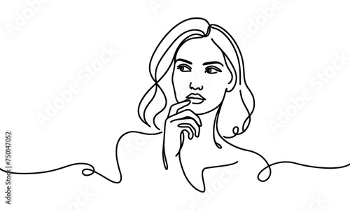 Vector image of a pensive girl, drawn in one line.