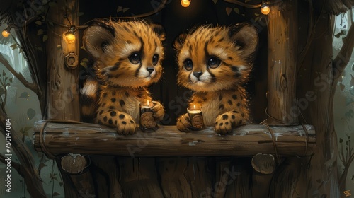 a couple of little cheetah cubs sitting on top of a window sill next to a lit candle. © Sonya