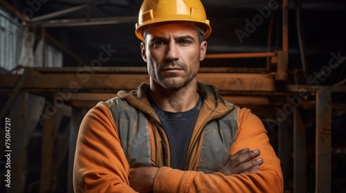 A sturdy worker in a helmet and specialized attire stands confidently, arms crossed, gazing at the camera.