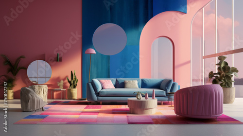 A modern living room with a striking pink and blue color blocking pattern on the walls