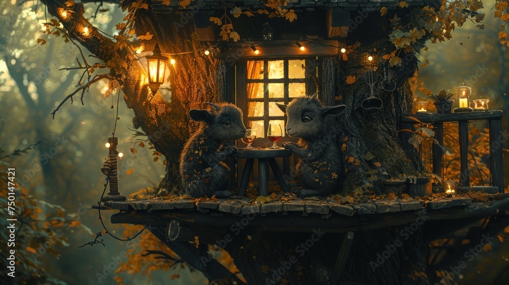 a couple of mice sitting at a table in front of a tree house in the middle of a forest at night.