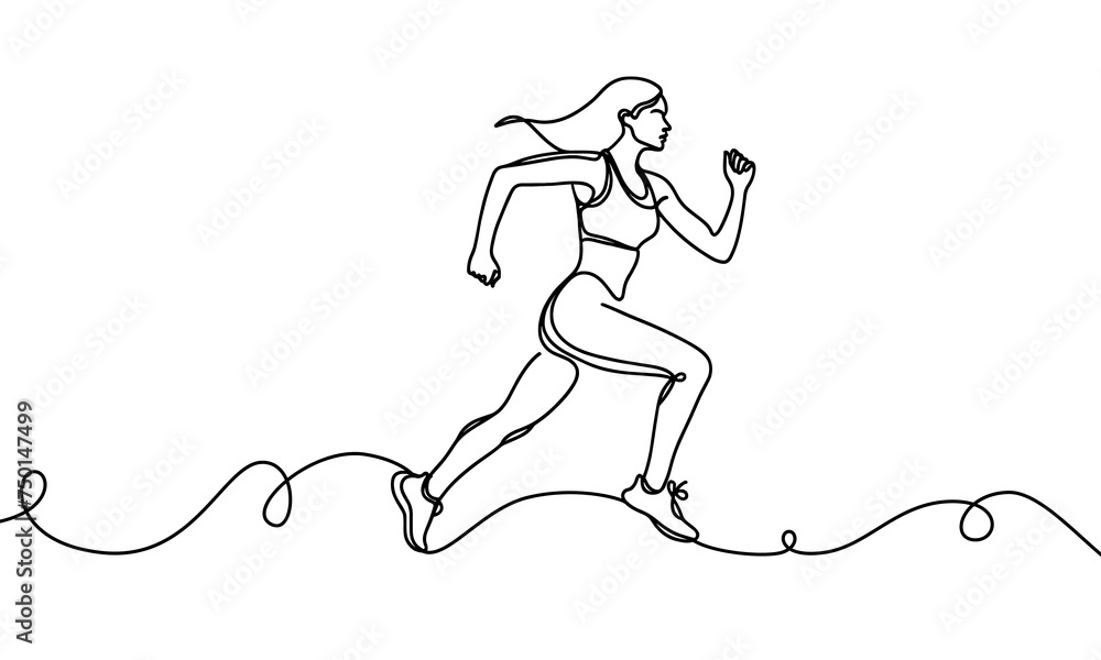 Fototapeta premium Vector image of running female athlete, drawn with one line.