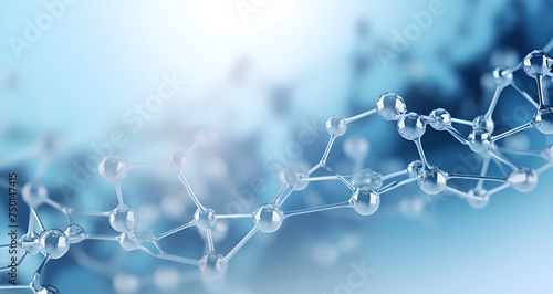 Close-up view of molecular structure model with spherical elements and connecting rods against soft blue background. Intricate architecture of atomic models. Nanotechnology in biological research. photo