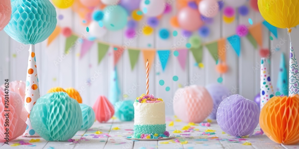 stock photo, A festive birthday setting with a cake topped with candles, surrounded by colorful balloons, gifts, and confetti on a blue backdrop - obrazy, fototapety, plakaty 