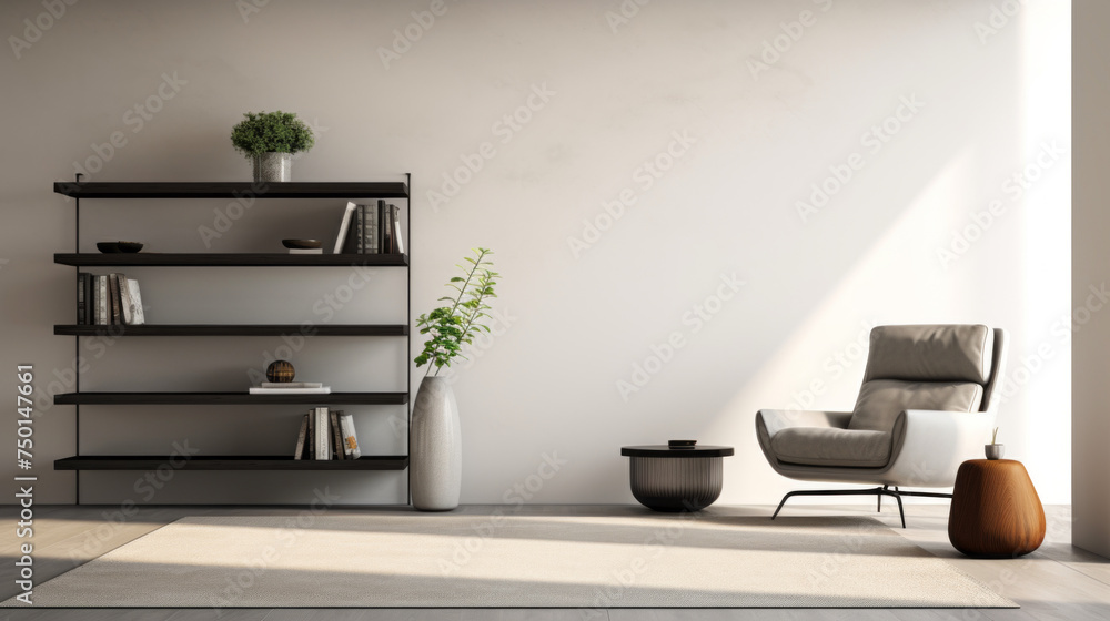 A modern living room with a minimalist decor featuring a black and white rug, a white armchair, and a wall-mounted shelf A modern living room with a minimalist decor featuring a black and white rug, a white armchair, and a wall-mounted shelf