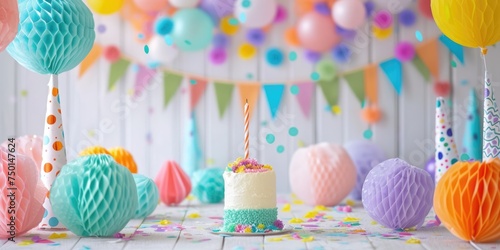 stock photo, A festive birthday setting with a cake topped with candles, surrounded by colorful balloons, gifts, and confetti on a blue backdrop photo