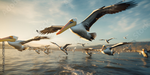 Dalmatian pelicans in the natural environment, close up, flying over a pond
