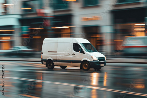 White delivery van driving down a city street