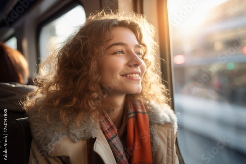 The girl smiles thoughtfully on the bus