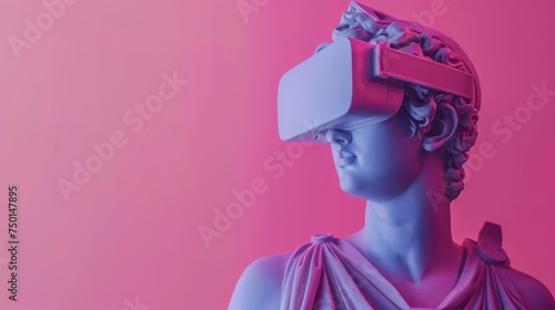 A Vaporwave Exploration Poster featuring a statue donning virtual reality gear, isolated against a colored background. 