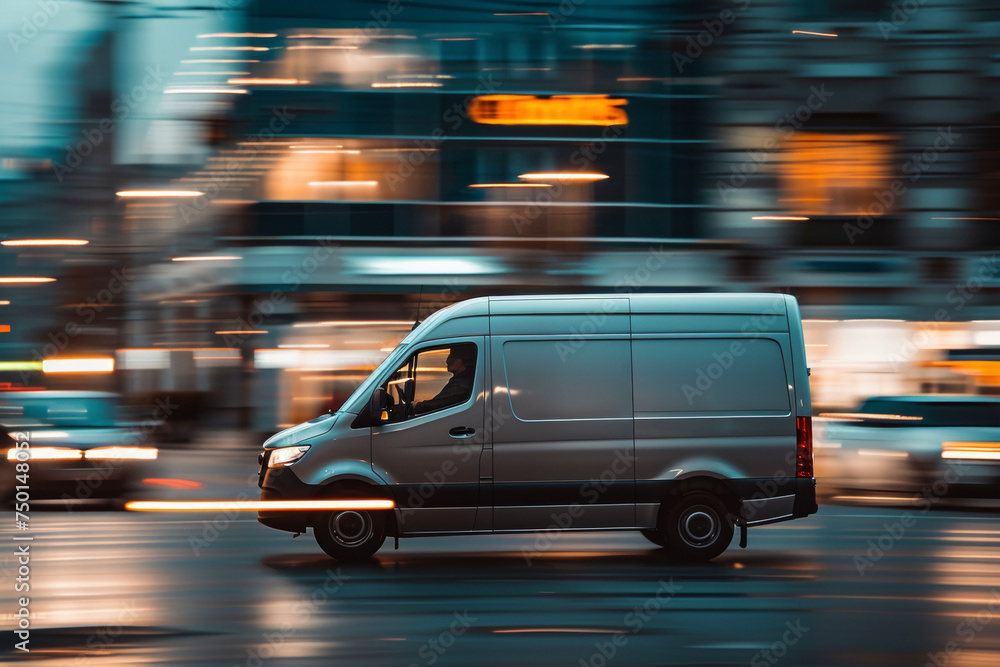 White delivery van driving down a city street