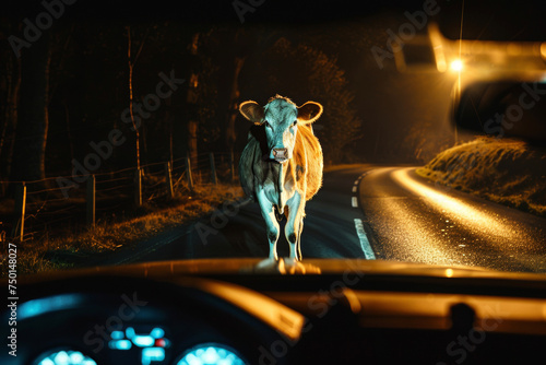 A cow crosses the road in front of a car