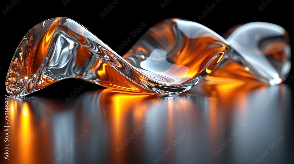 a close up of an orange glass object on a black surface with a reflection of the glass on the floor. a close up of an orange glass object on a black surface with a reflection of the glass on the floor.