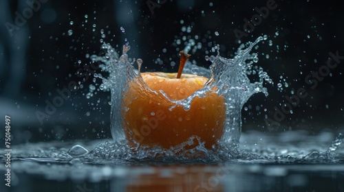 an orange with water splashing on it and an orange in the middle of the water with water splashing on it.
