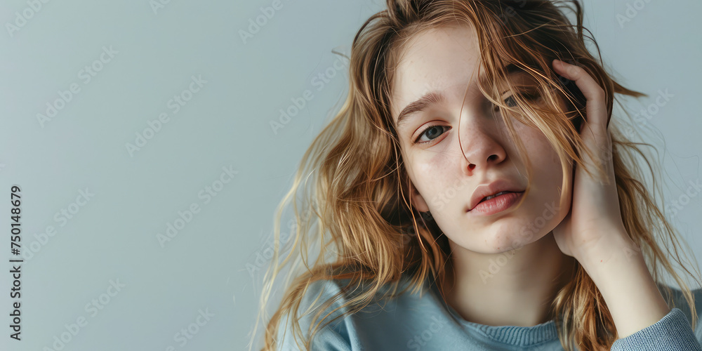 Young pale woman with a Headache. Close-up of a sad girl with anemia, weakness, dizziness, conveying a sense of headache or anxiety, copy space. - obrazy, fototapety, plakaty 