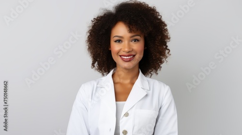 An Afro American woman in a white medical coat smiles, exuding approachability and professionalism on a gray backdrop.