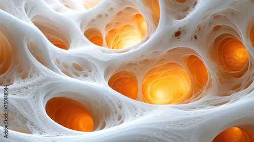 a close up of a pattern of white and orange shapes with a bright light at the end of the image.