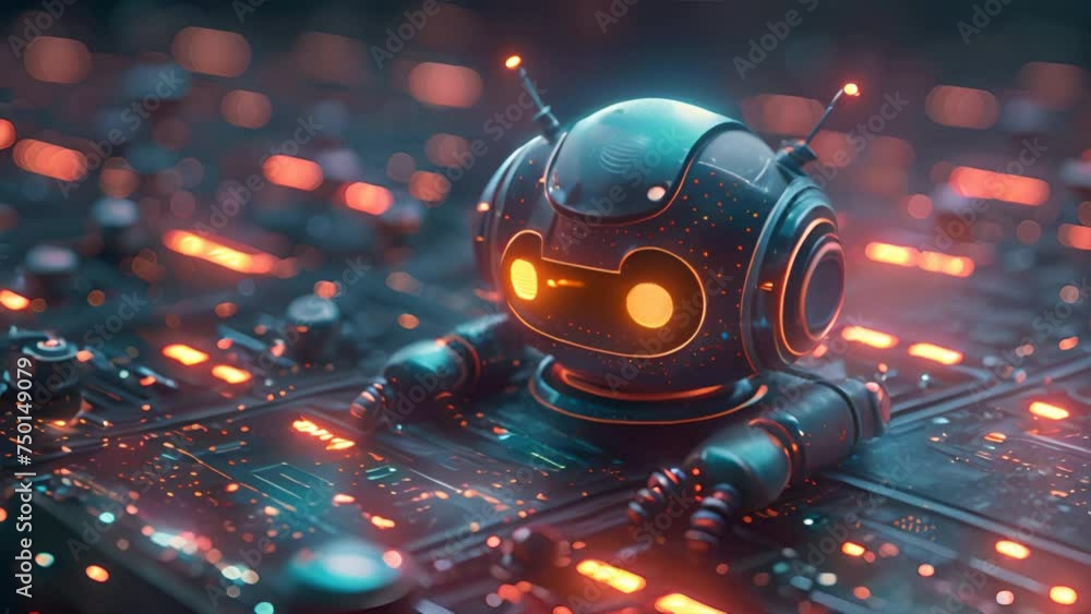 animated chatbot surrounded by floating communication platforms with a blue to black background